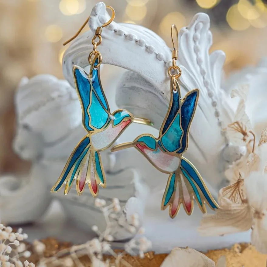 Brincos Vintage em Esmalte Azul com Colibris