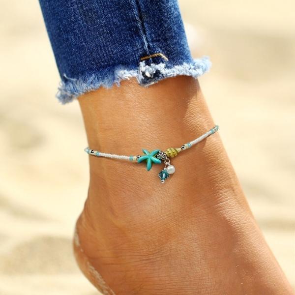 Pulseira de Tornozelo com Estrelas e Conchas com Pedras Naturais