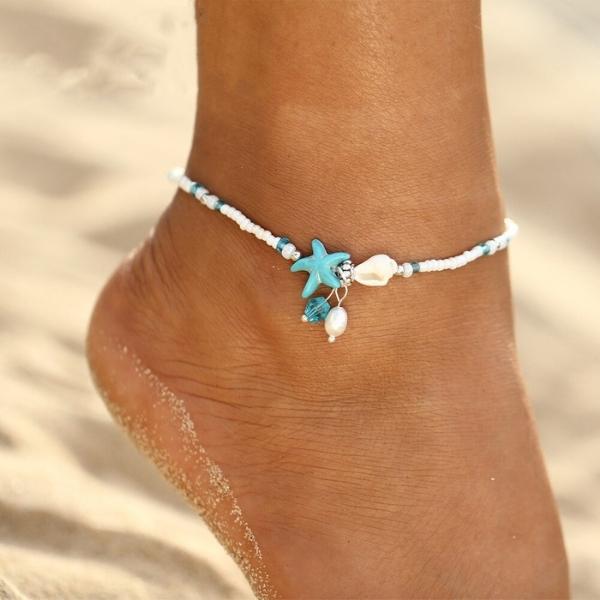 Pulseira de Tornozelo com Estrelas e Conchas com Pedras Naturais