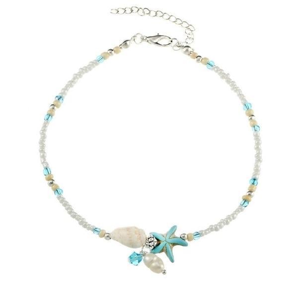 Pulseira de Tornozelo com Estrelas e Conchas com Pedras Naturais