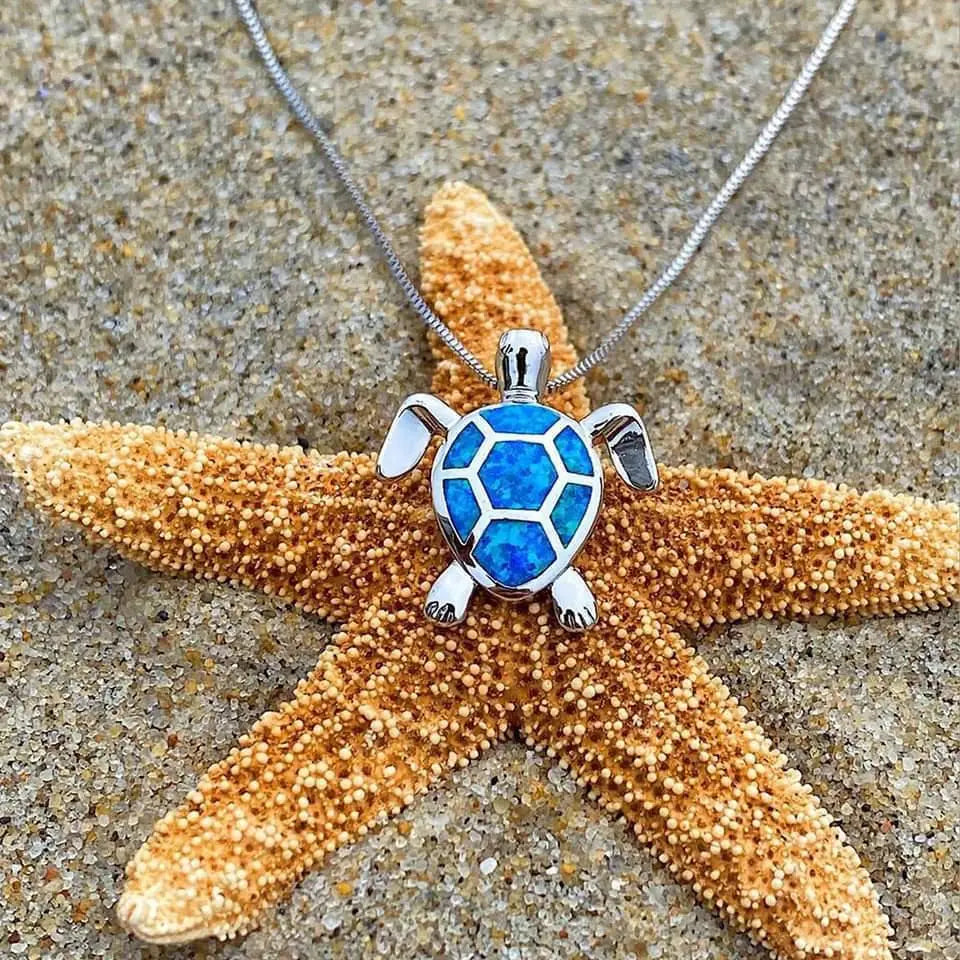 Conjunto de Colar e Brincos de Tartaruga do Mar em Opala e Prata