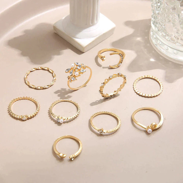 Conjunto de 10 Anéis Boémios Banhados a Prata e Ouro