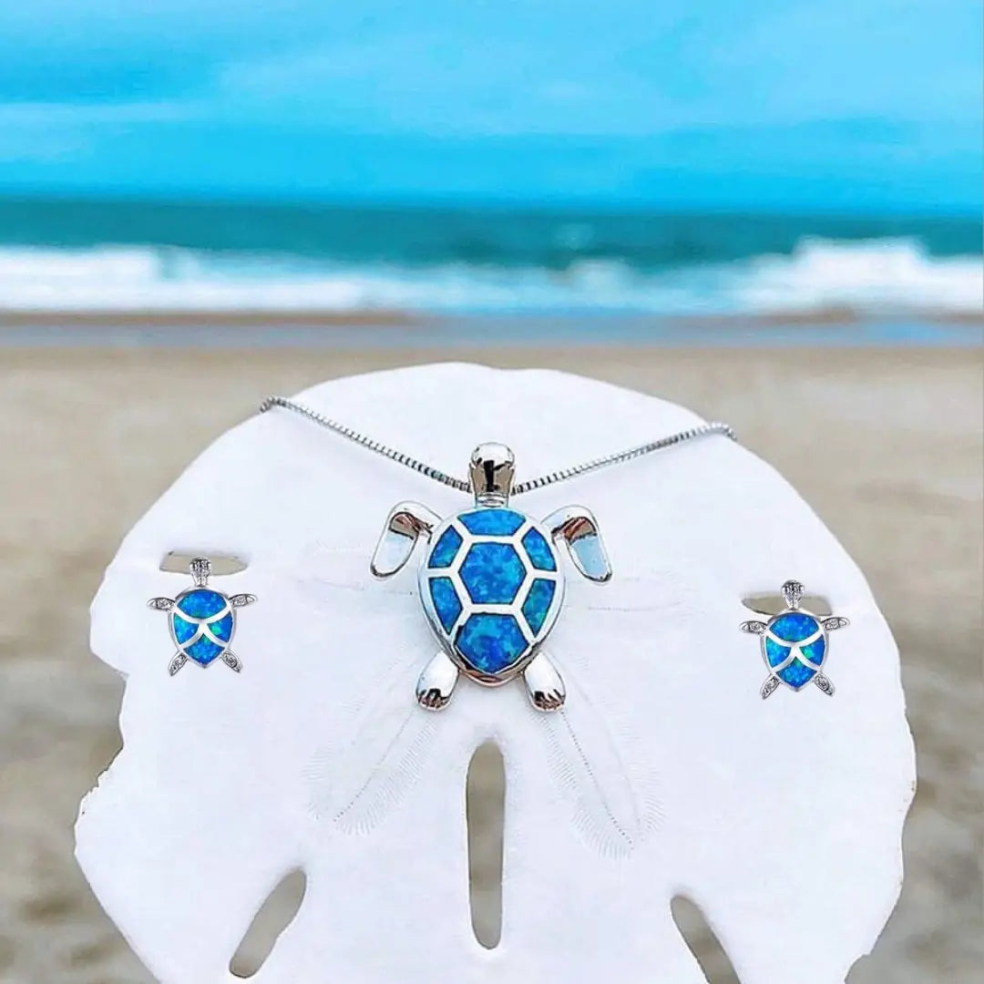 Conjunto de Colar e Brincos de Tartaruga do Mar em Opala e Prata