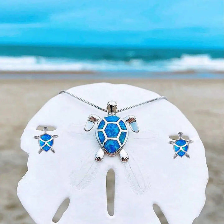 Conjunto de Colar e Brincos de Tartaruga do Mar em Opala e Prata