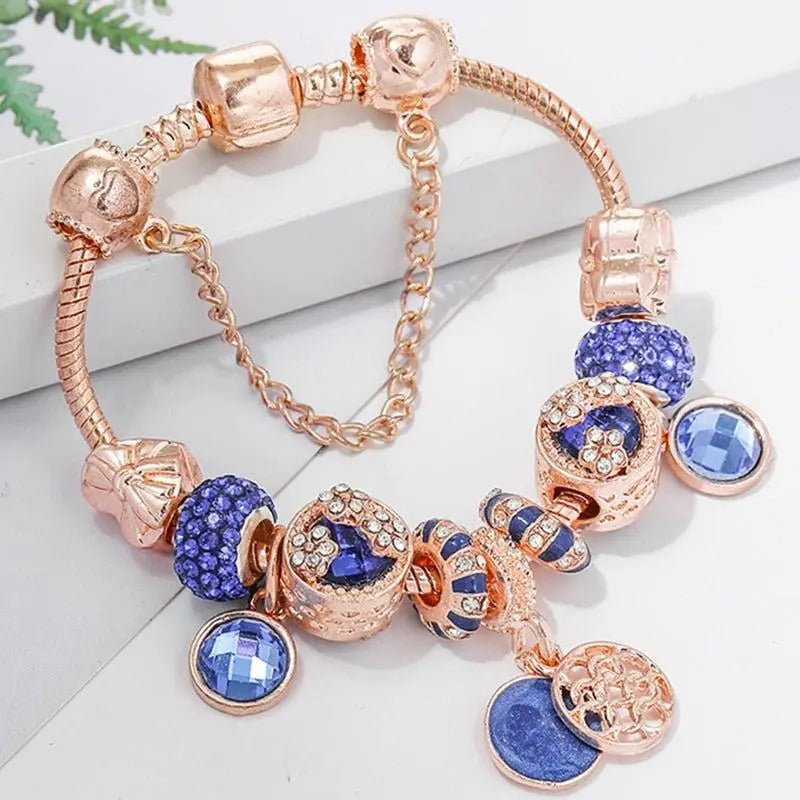 Pulseira em Prata Rosa e Cristal Azul
