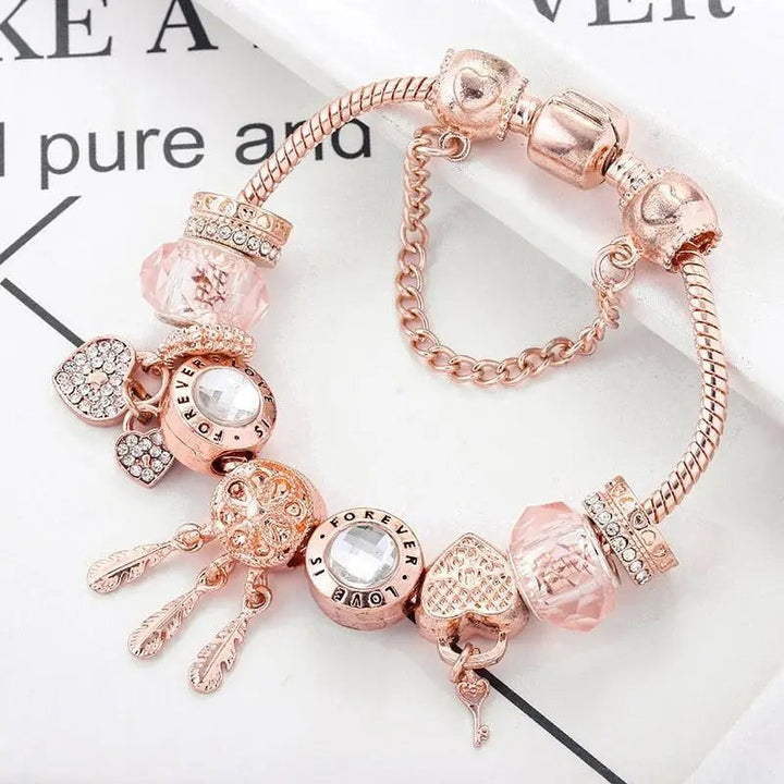 Pulseira Apanhador de Sonhos Rosa com Pendentes em Prata