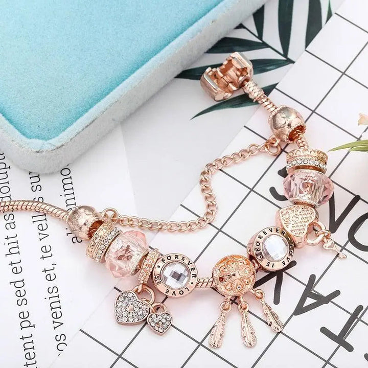 Pulseira Apanhador de Sonhos Rosa com Pendentes em Prata