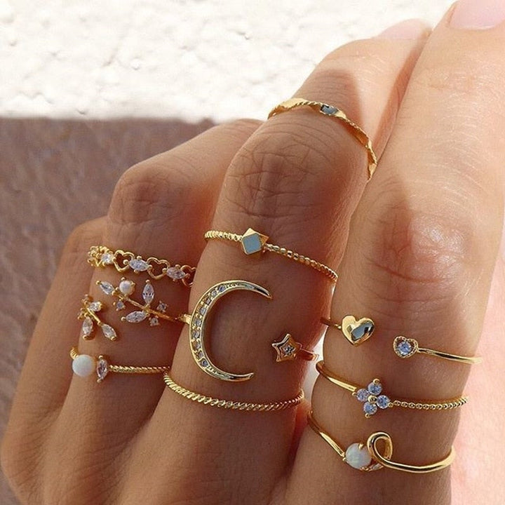 Conjunto de 10 Anéis Boémios Banhados a Prata e Ouro
