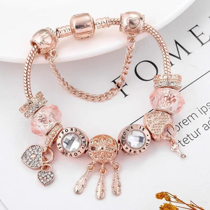 Pulseira Apanhador de Sonhos Rosa com Pendentes em Prata