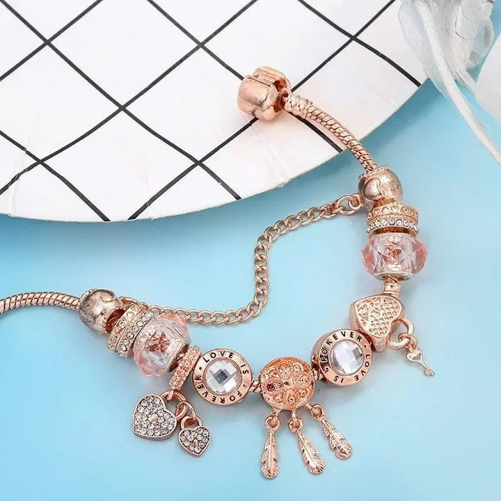 Pulseira Apanhador de Sonhos Rosa com Pendentes em Prata
