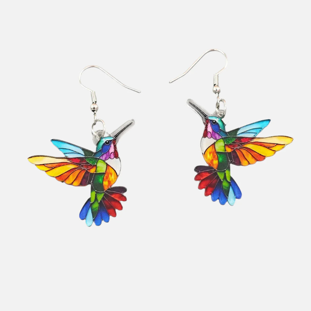 Brincos Pendentes de Acrílico com Colibris – Design Brilhante de Pássaros em 2D