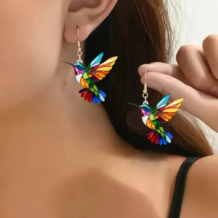 Brincos Pendentes de Acrílico com Colibris – Design Brilhante de Pássaros em 2D