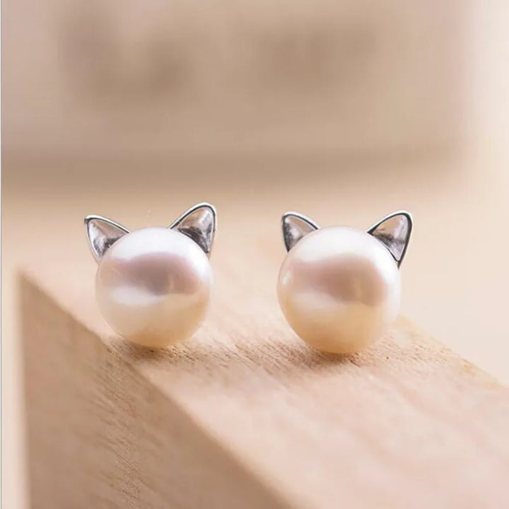 Brincos de Prata Esterlina com Pérolas em Forma de Gato