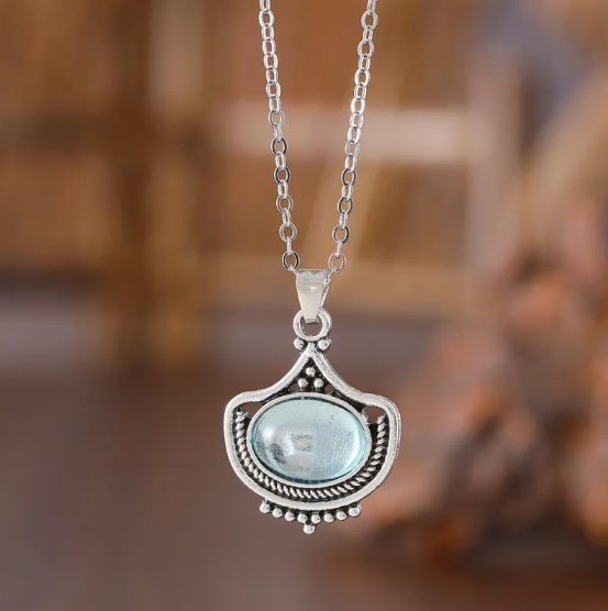 Conjunto Vintage de Colar e Brincos com Pedras Preciosas Ovais Azuis
