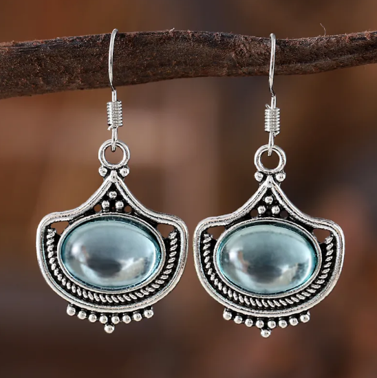 Conjunto Vintage de Colar e Brincos com Pedras Preciosas Ovais Azuis