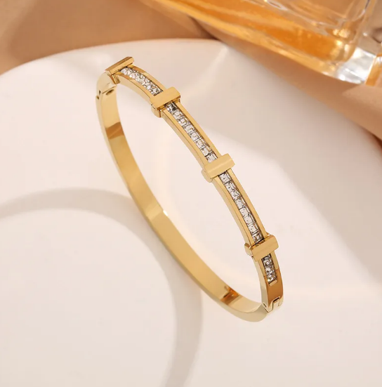 Pulseira Aberta Geométrica Simples com Duas Camadas de Zircão