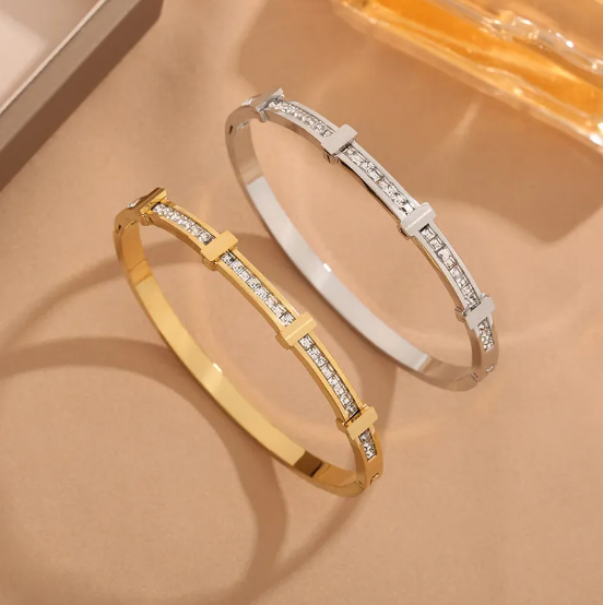 Pulseira Aberta Geométrica Simples com Duas Camadas de Zircão