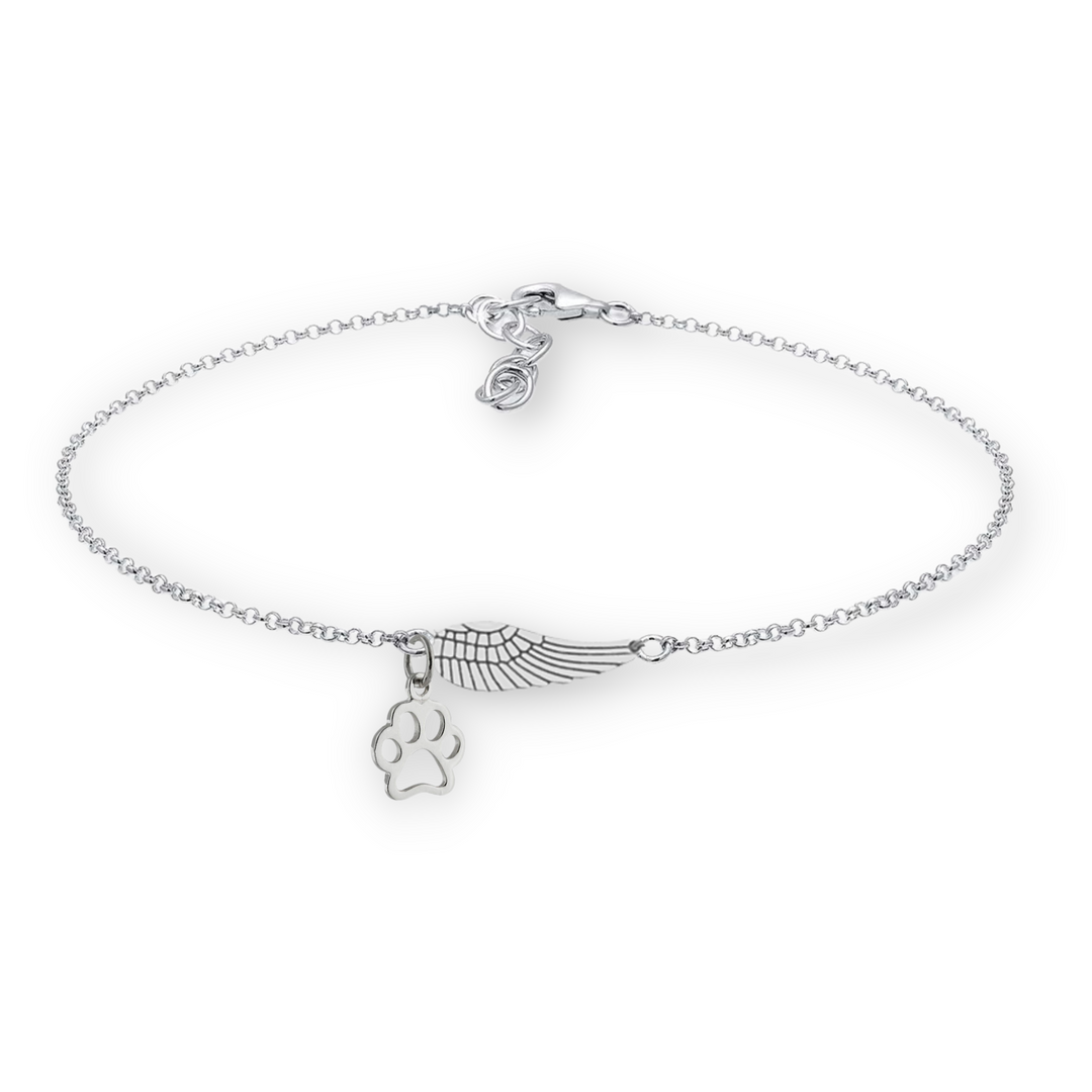 Pulseira Memorial em Prata com Asa de Anjo e Pegada | Feita à Mão