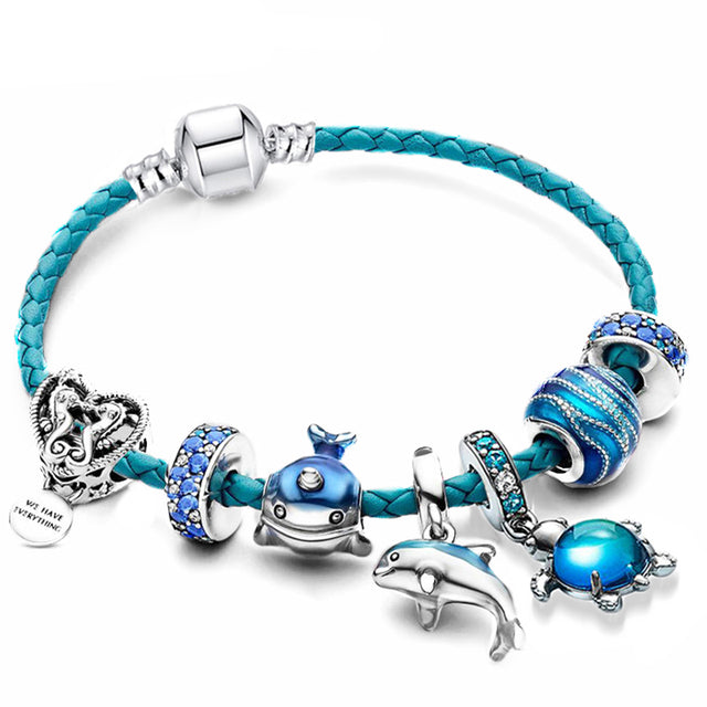 Pulseira Oceano + pingentes incluídos em couro e prata