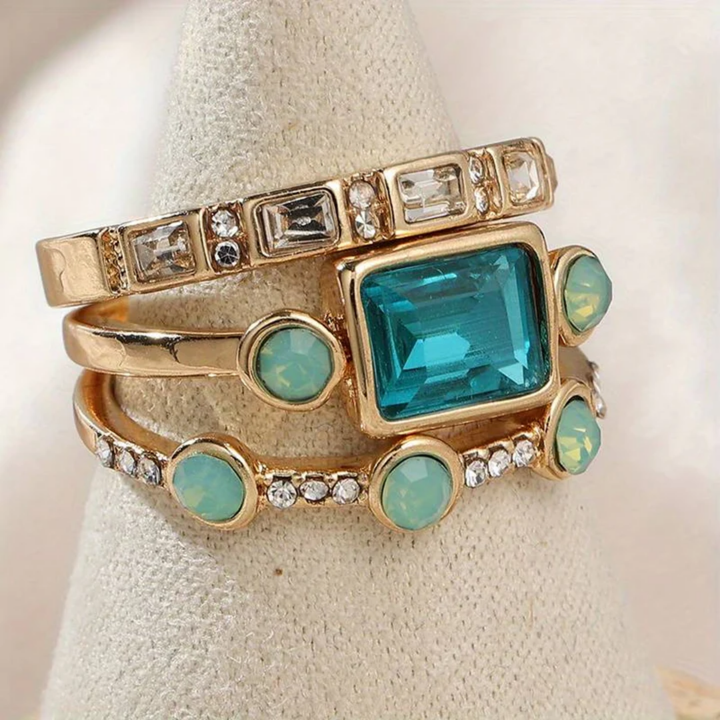 Conjunto de Anéis Vintage com Cristais Azuis