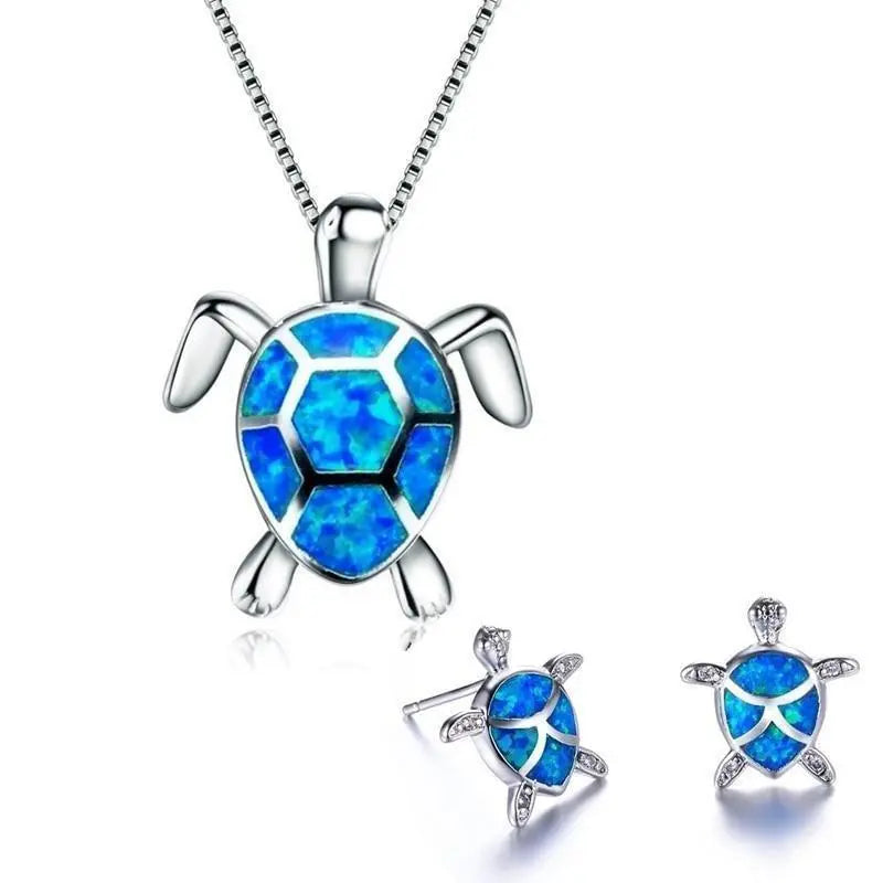 Conjunto de Colar e Brincos de Tartaruga do Mar em Opala e Prata