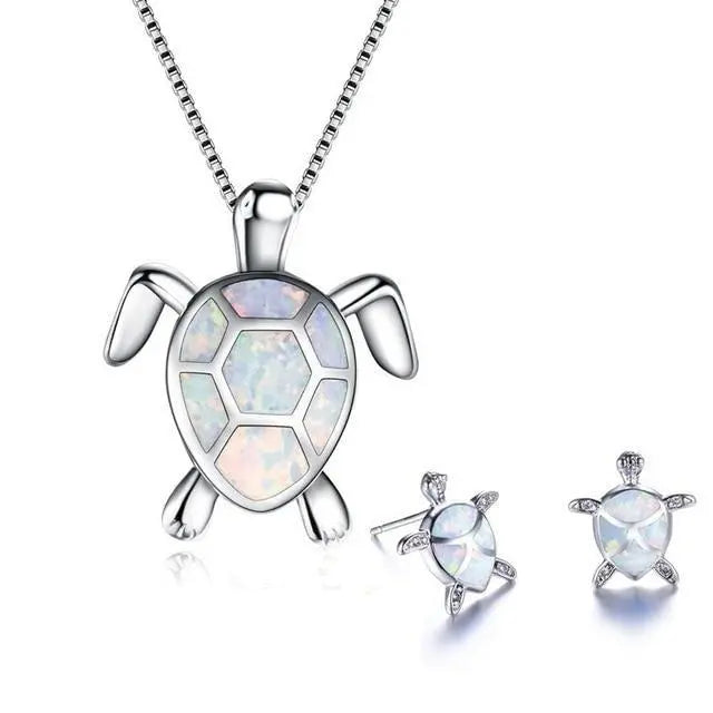 Conjunto de Colar e Brincos de Tartaruga do Mar em Opala e Prata