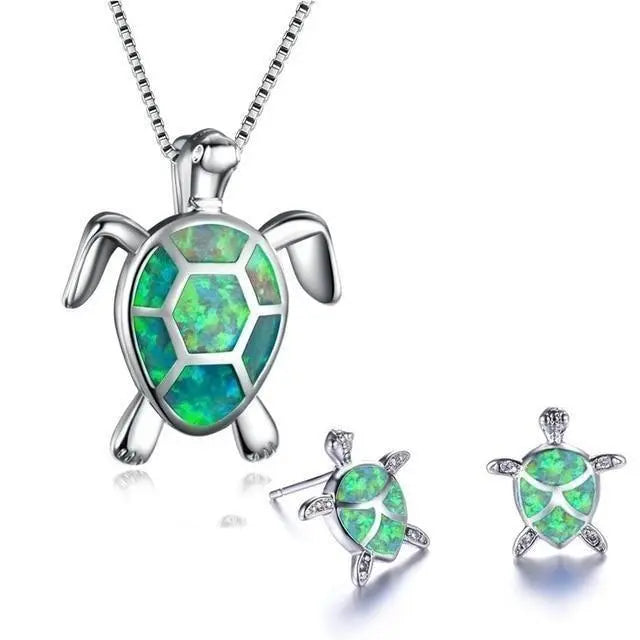Conjunto de Colar e Brincos de Tartaruga do Mar em Opala e Prata