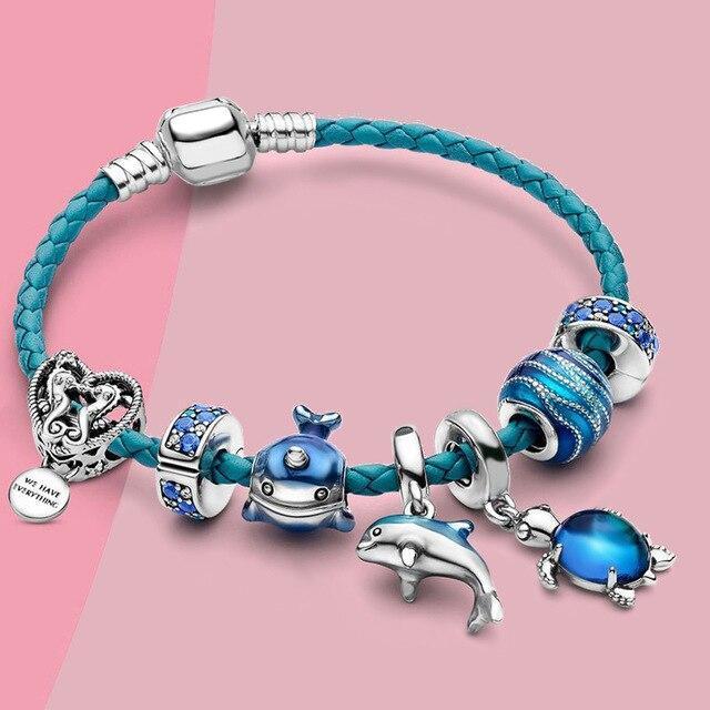 Pulseira Oceano + pingentes incluídos em couro e prata