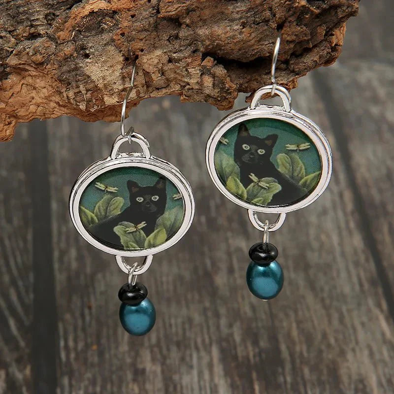 Brincos Pendentes Vintage com Gato preto Tropical