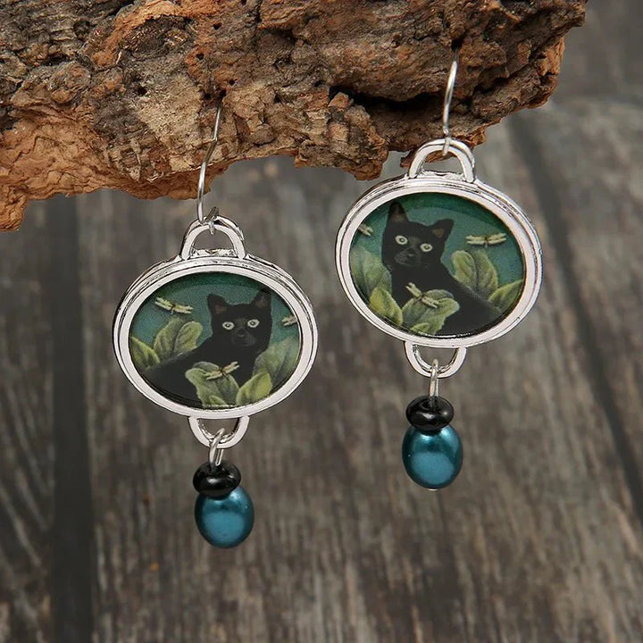 Brincos Pendentes Vintage com Gato preto Tropical
