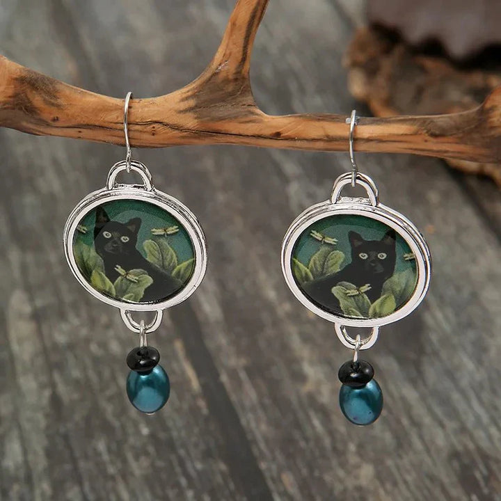 Brincos Pendentes Vintage com Gato preto Tropical