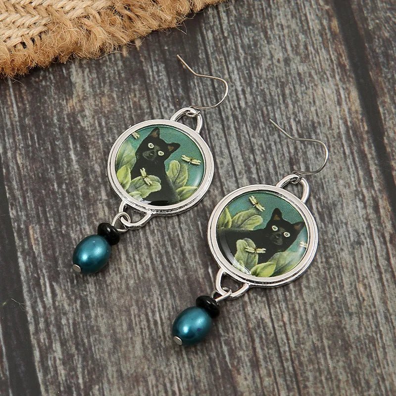 Brincos Pendentes Vintage com Gato preto Tropical