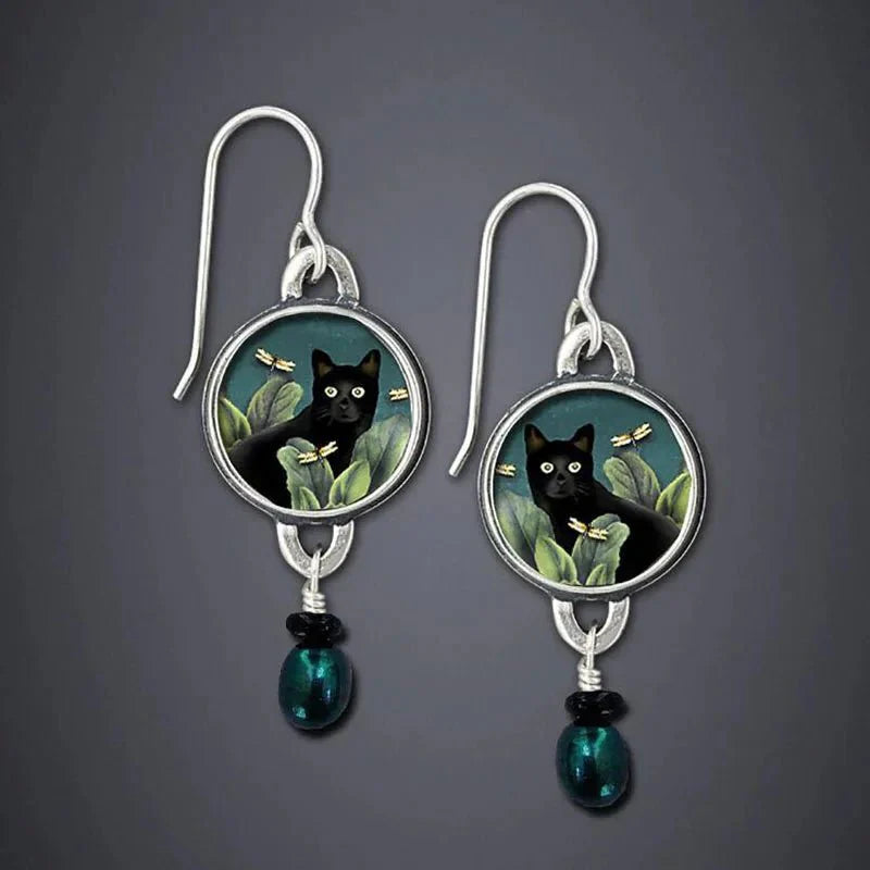 Brincos Pendentes Vintage com Gato preto Tropical