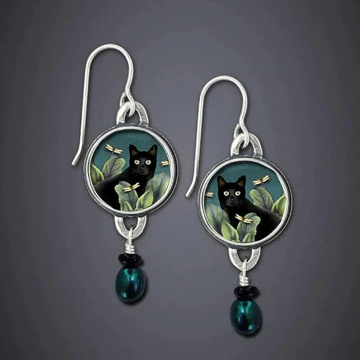 Brincos Pendentes Vintage com Gato preto Tropical